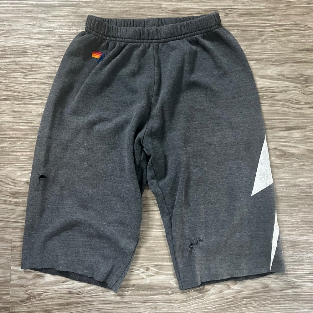 Aviator Nation Charcoal Gray Lightning Bolt Sweat Shorts XS Distressed Rainbow
